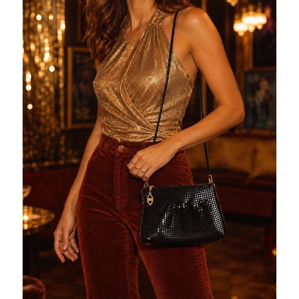 Womens 70s Vintage Hanging Sequin Coil Snake Chain Shoulder Bag Purse Black Gold